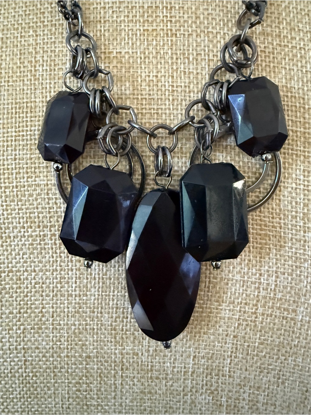 Vintage Antiqued Silver Tone Acrylic Statement Necklace - Black Faceted Drops - Picture 6 of 8